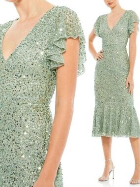 Mac Duggal 10801 Sage Sequin Deep V-Neck Midi Dress